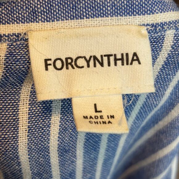 ForCynthia Striped Sleeveless Shirt Button Up Dress Linen Blend Ruched Pocket LG - Picture 8 of 10